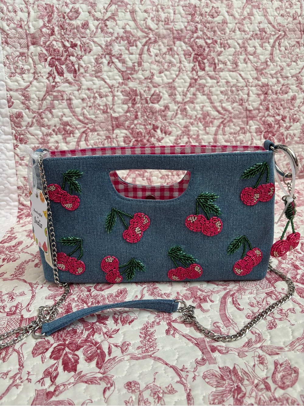 Blue Denim Cherry beads appliqués Crossbody Bag with pink gingham- Blue/Pink